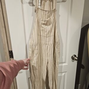 Cloth & Stone Cream and Tan Linen Blend Comfy Striped Overalls
